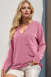 Pink Double Take Striped Notched Long Sleeve T-Shirt | T-Shirts Daverri Fashions