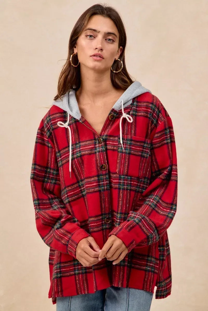 BiBi Brushed Plaid Hooded Jacket - DAVERRI FASHIONS