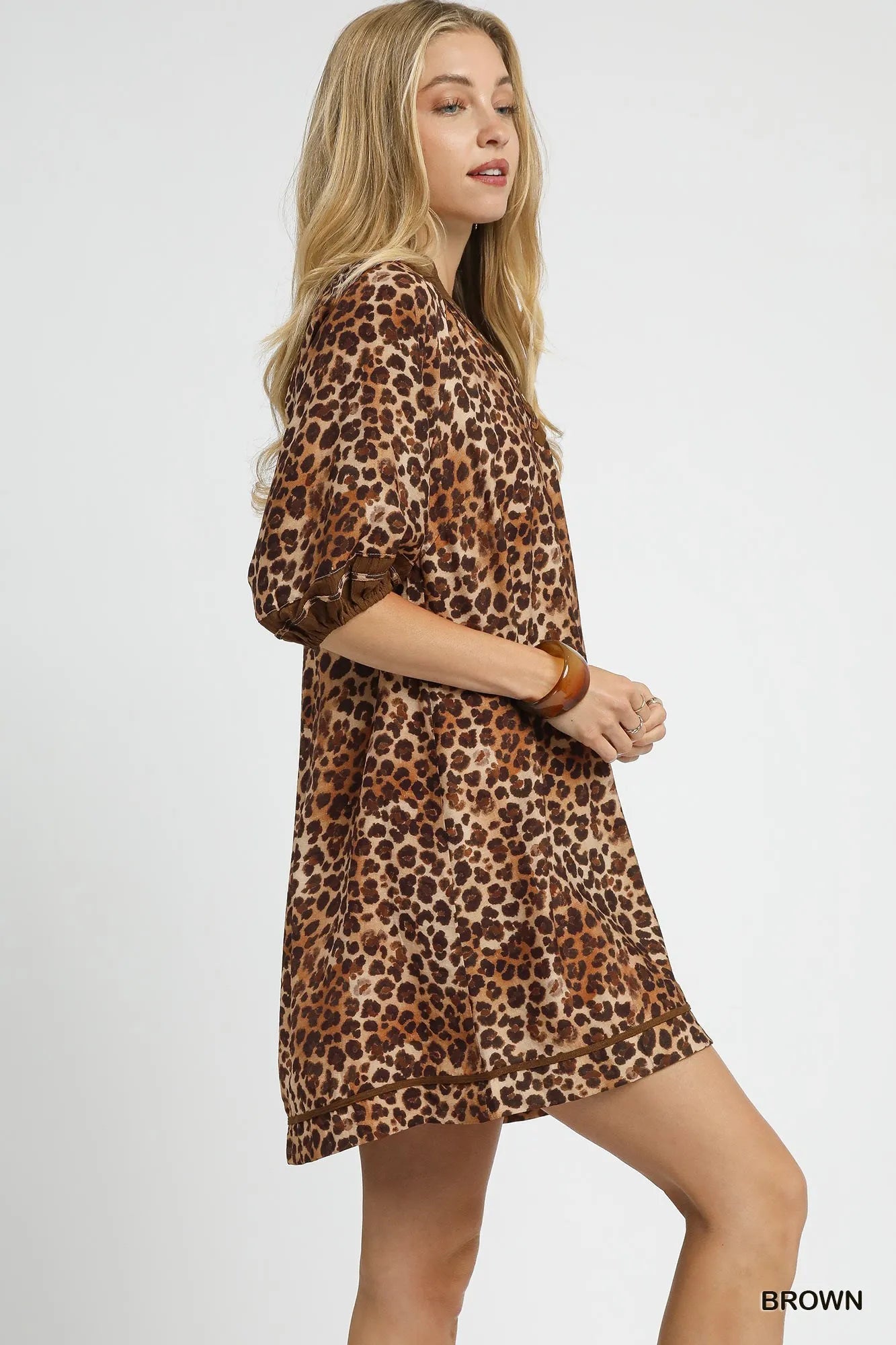 Umgee Full Size Leopard Print Mini Dress with Contrast Trim Plus Size Dresses