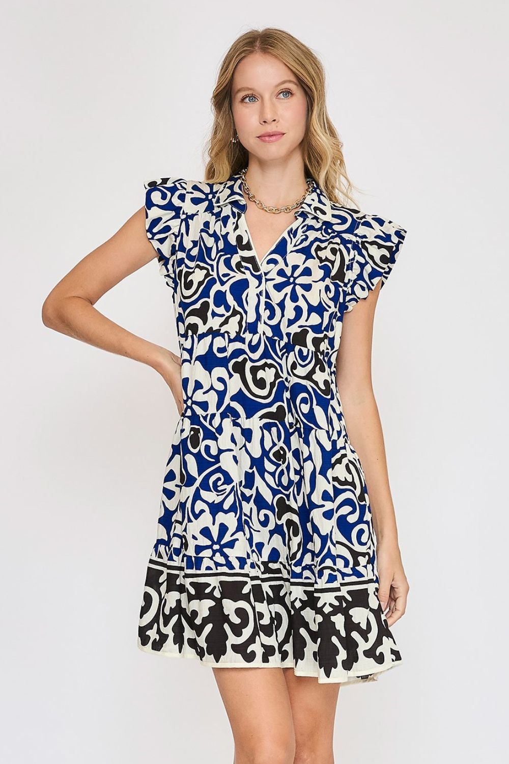 Umgee Floral Ruffled Cap Sleeve Tiered Dress Navy