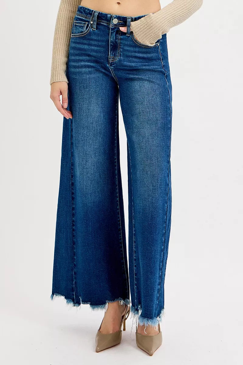 RISEN high-rise ankle wide jeans in blue denim with frayed hem