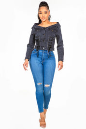 American Bazi Off Shoulder Lace Up Denim Jacket | Denim Jackets Daverri Fashions