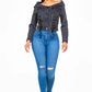 American Bazi Off Shoulder Lace Up Denim Jacket - DAVERRI FASHIONS