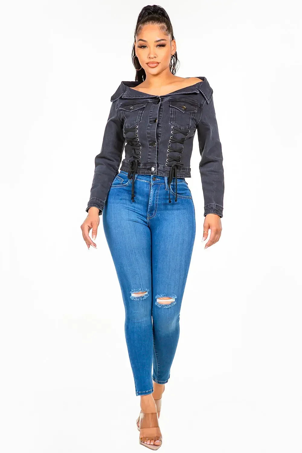 American Bazi Off Shoulder Lace Up Denim Jacket - DAVERRI FASHIONS