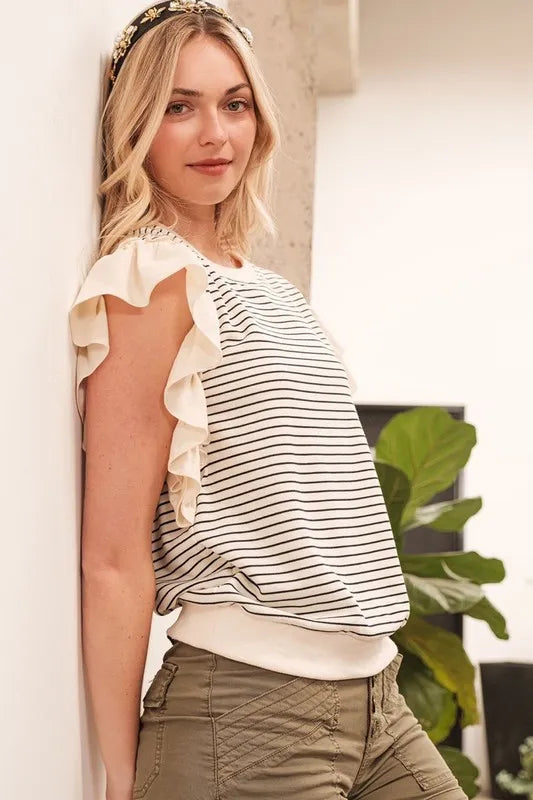 Lime 'N' Chili Striped Contrast Ruffle Detail Sleeveless Top