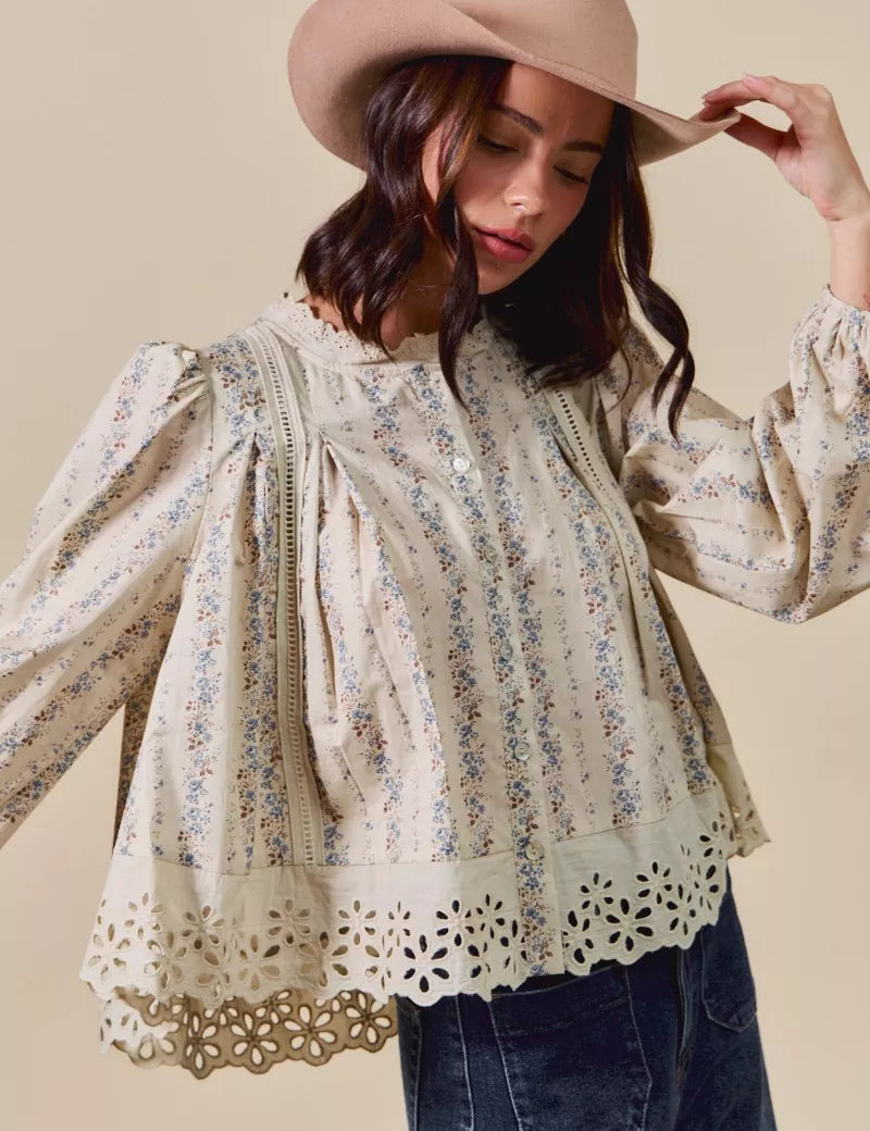 SO ME Floral Print Lace Button Down Shirt | Daverri Fashions