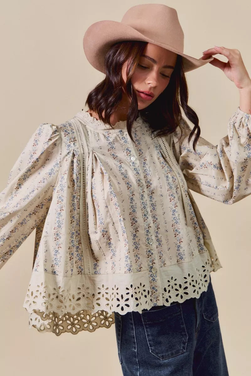 SO ME Floral Print Lace Button Down Shirt | Daverri Fashions