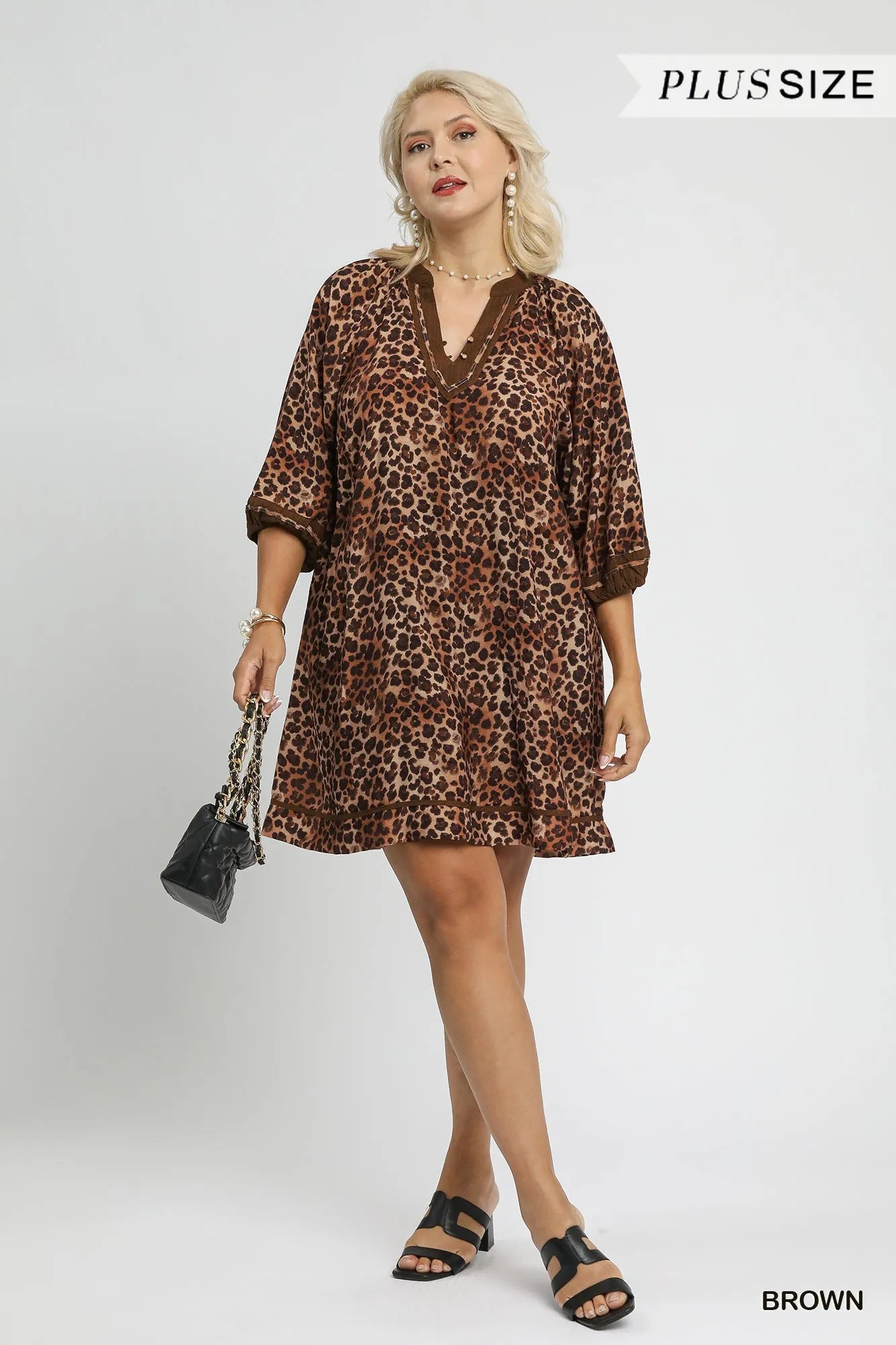 Umgee Full Size Leopard Print Mini Dress with Contrast Trim Plus Size Dresses