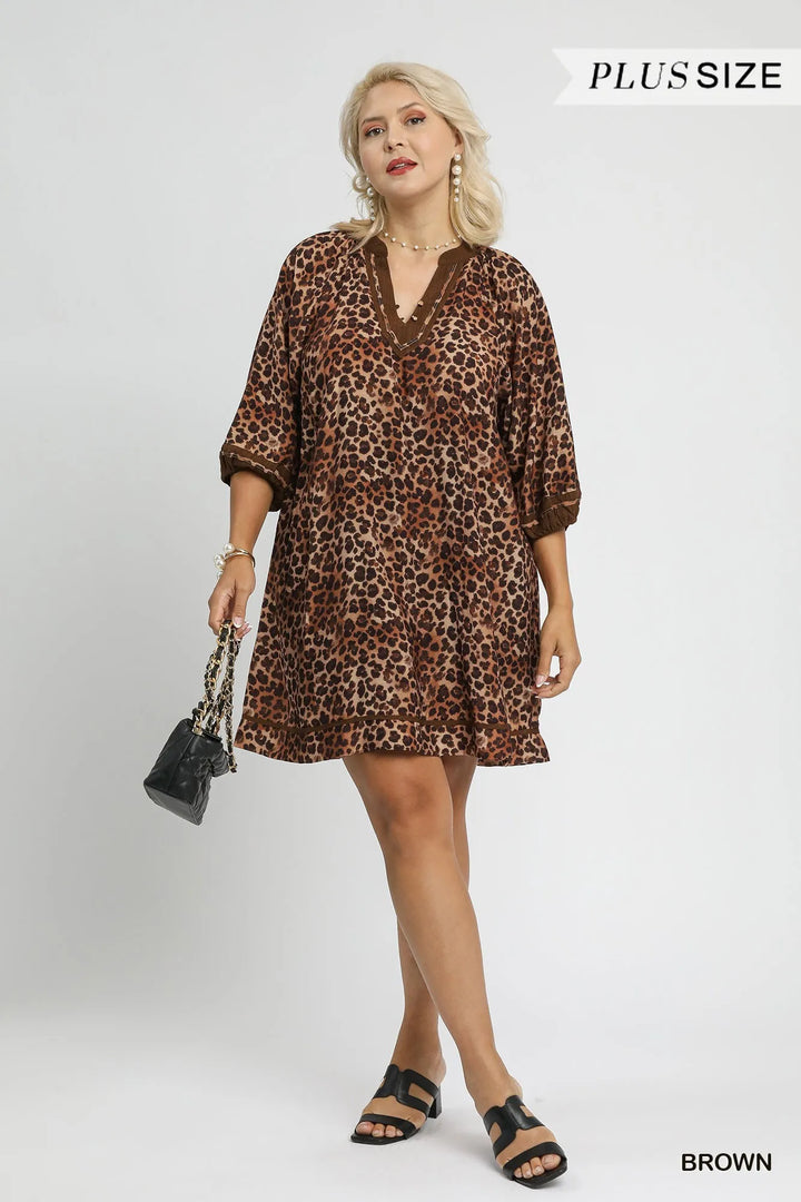 Umgee Full Size Leopard Print Mini Dress with Contrast Trim Plus Size Dresses