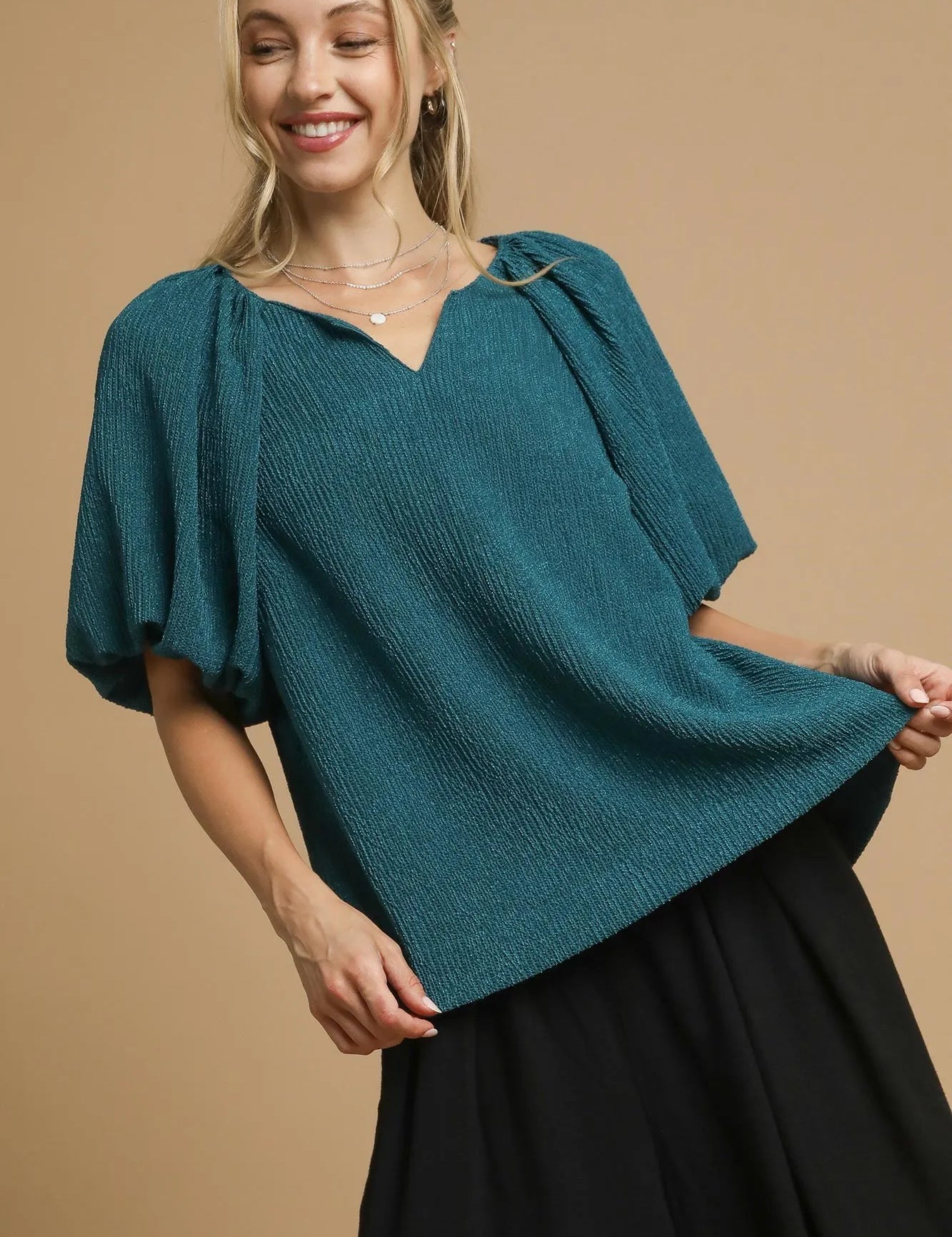 TEAL Umgee Textured Flutter Sleeve Notch Neck Top Teal | Blouses Daverri Fashions