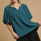 Umgee Textured Flutter Sleeve Notch Neck Top TEAL