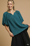 Umgee Textured Flutter Sleeve Notch Neck Top Teal - DAVERRI FASHIONS