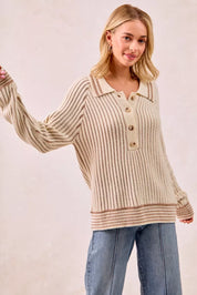 BiBi Half Button Ribbed Two Tone Sweater | Sweaters Daverri Fashions