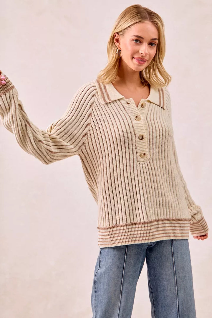 BiBi Half Button Ribbed Two Tone Sweater | Sweaters Daverri Fashions