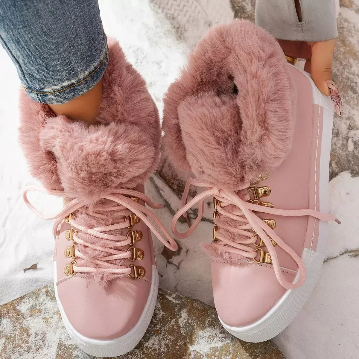 Fuzzy Trim Lace-Up Ankle Boots - DAVERRI FASHIONS