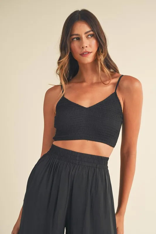 MABLE Smocked Bralette Crop Top and Wide Leg Pants Set Outfit Sets