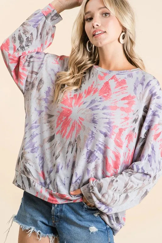 BiBi Tie Dye Print Terry Pull Over | Tops Daverri Fashions