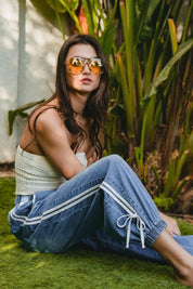BiBi Striped Tape Details With Bot Tied Point Elastic Waist Jeans | Jeans Daverri Fashions