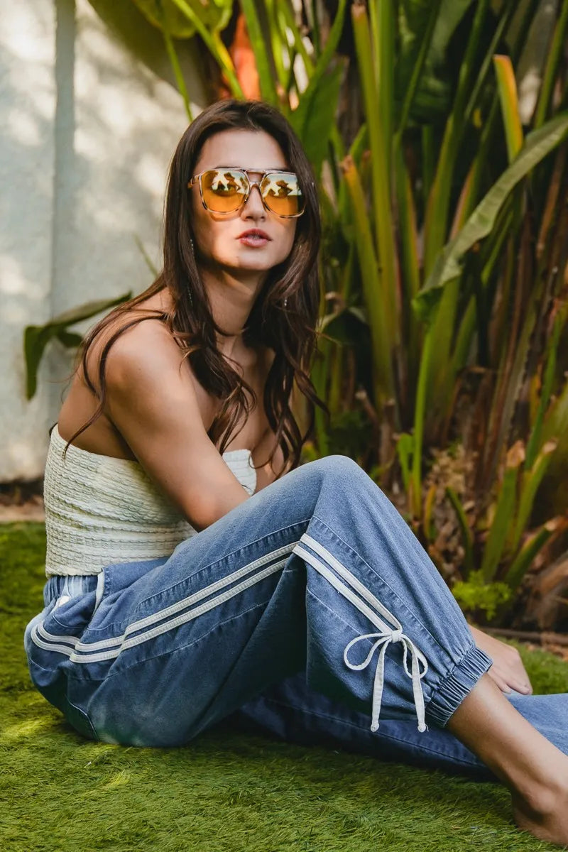 BiBi Striped Tape Details With Bot Tied Point Elastic Waist Jeans Jeans