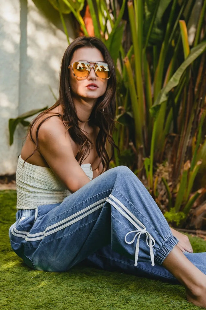 BiBi Striped Tape Details With Bot Tied Point Elastic Waist Jeans Jeans