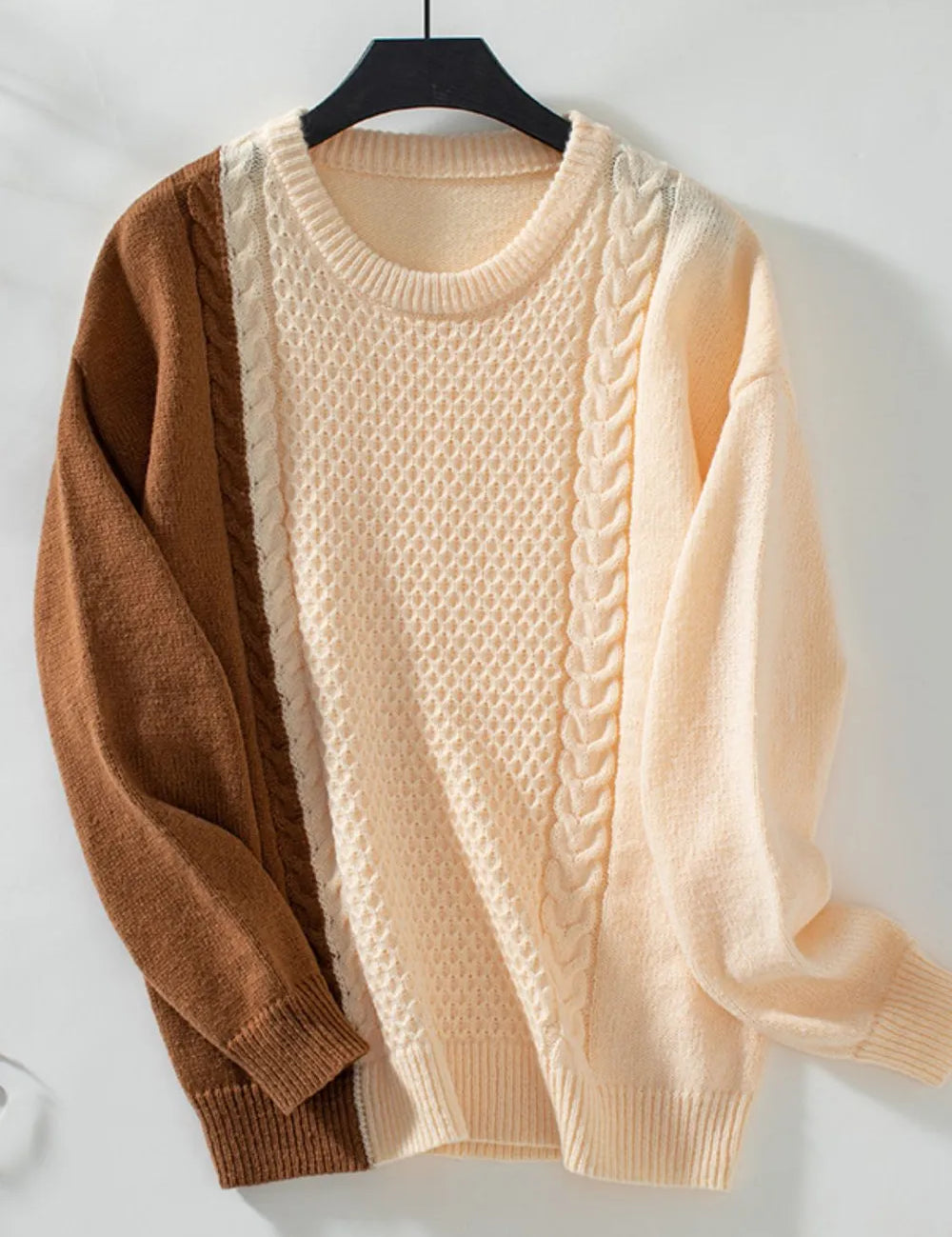 Two Tone Cable Knit Round Neck Long Sleeve Sweater | Sweaters Daverri Fashions