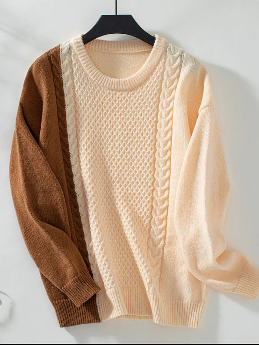 Two Tone Cable Knit Round Neck Long Sleeve Sweater | Sweaters Daverri Fashions