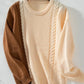 Two Tone Cable Knit Round Neck Long Sleeve Sweater - DAVERRI FASHIONS