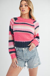 Aemi + Co Striped Ribbed Neckline Raglan Sleeve Sweater Pink Sweaters