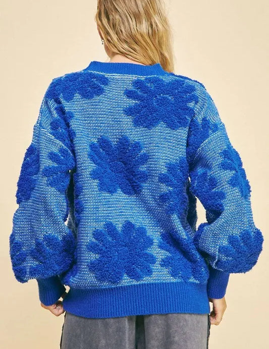 Davi & Dani Flower Texture Round Neck Dropped Shoulder Sweater | Sweaters Daverri Fashions