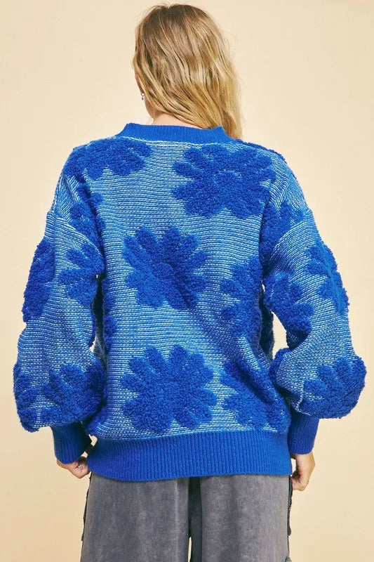 Davi & Dani Flower Texture Round Neck Dropped Shoulder Sweater | Sweaters Daverri Fashions