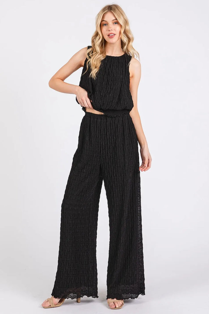 Mittoshop Textured Stretchy Crop Tank and Pants Set Outfit Sets