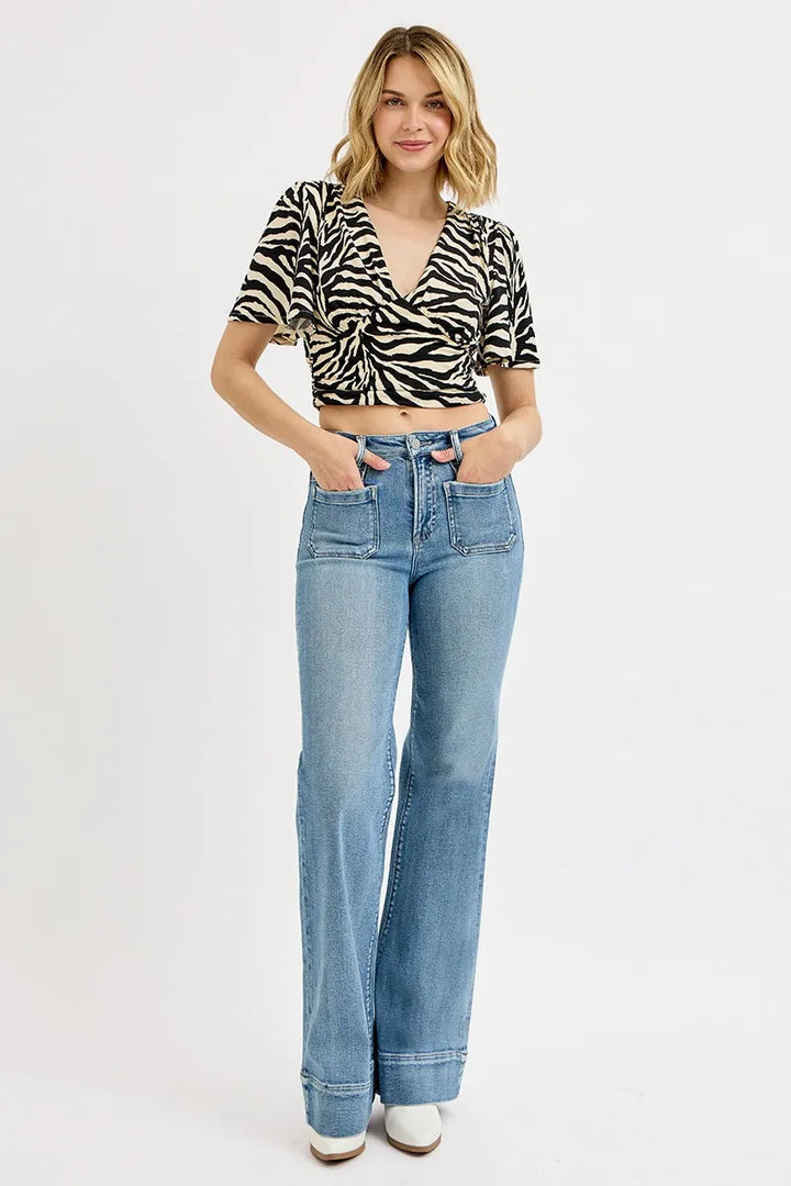 RISEN Full Size High Rise Wide Flare Patch Pocket Jeans Jeans