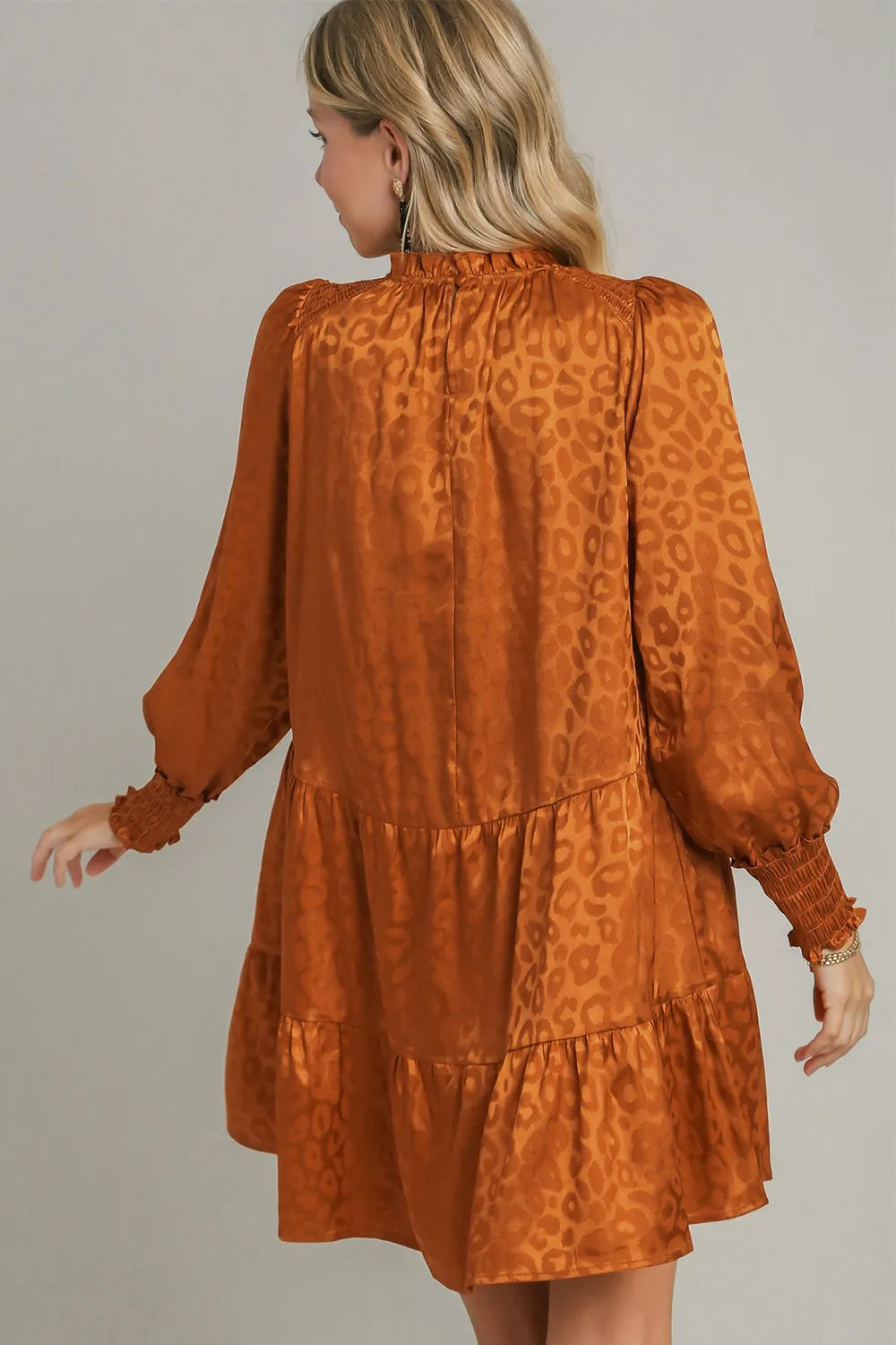 Umgee Smocked Leopard Long Sleeve Tiered Dress Mini Dresses