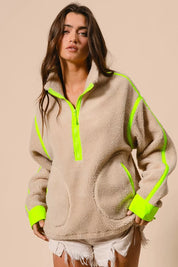 BiBi Contrast Edge Half Zip Up Sherpa Jacket | Jackets Daverri Fashions