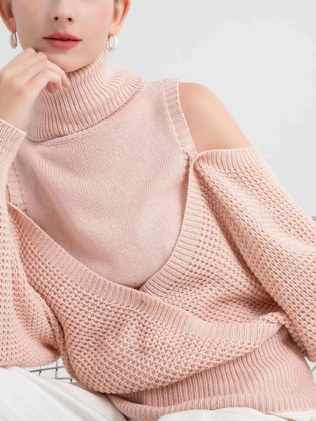 Waffle Knit Cold Shoulder Turtleneck Sweater | Sweaters Daverri Fashions