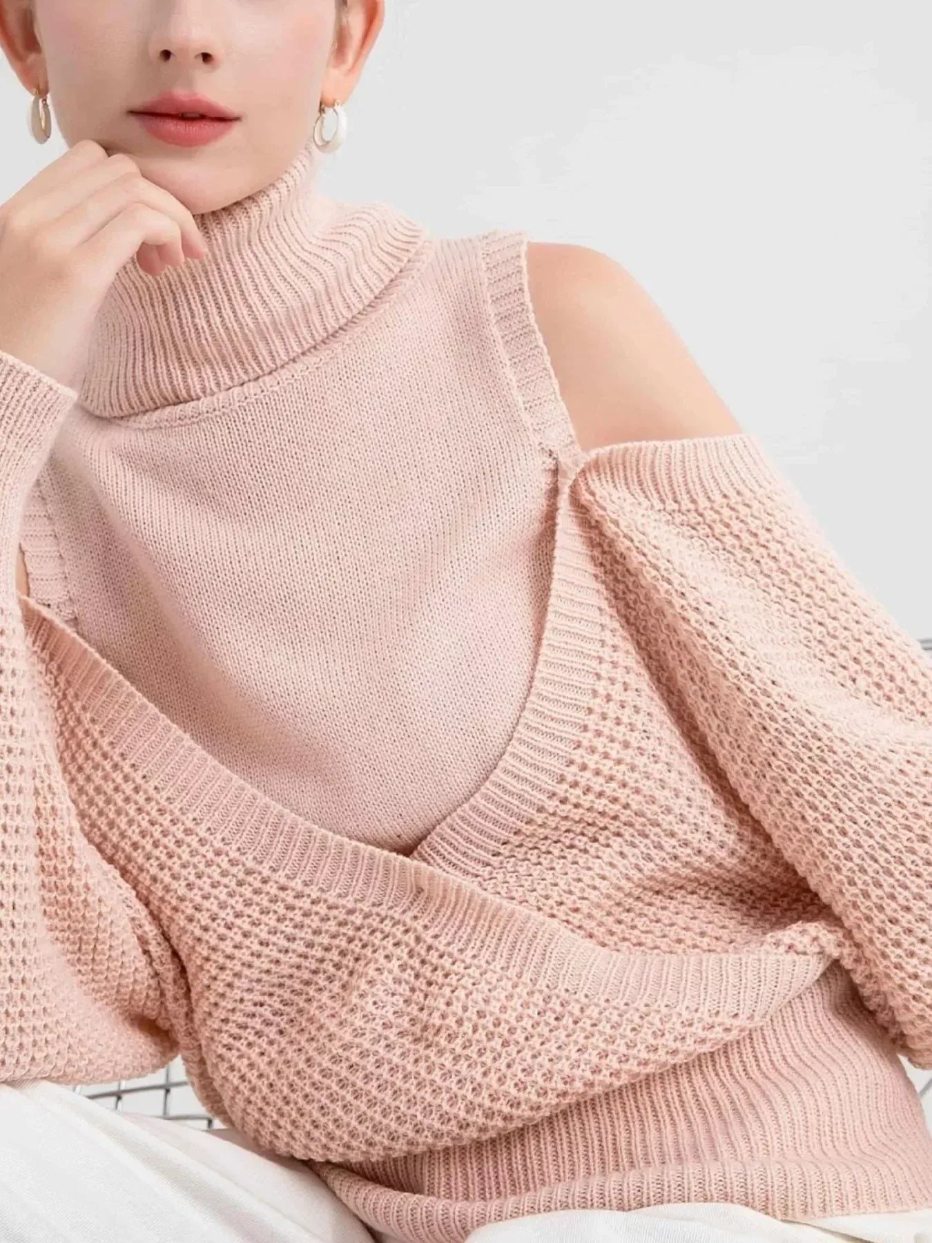 Waffle Knit Cold Shoulder Turtleneck Sweater - DAVERRI FASHIONS