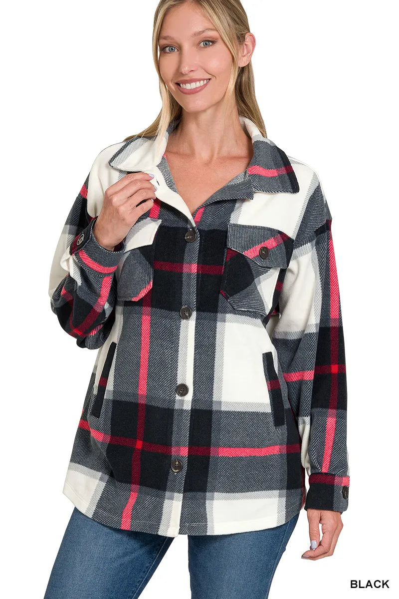 BLACK Zenana Oversized Plaid Fleece Shacket | Shackets Daverri Fashions