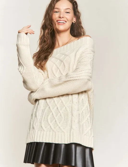 IVORY L ADORA Cable Knit Off Shoulder Sweater | Sweaters Daverri Fashions