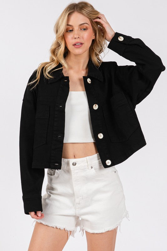 bytos Button Down Cropped Denim Jacket with Patch Pockets Denim Jackets