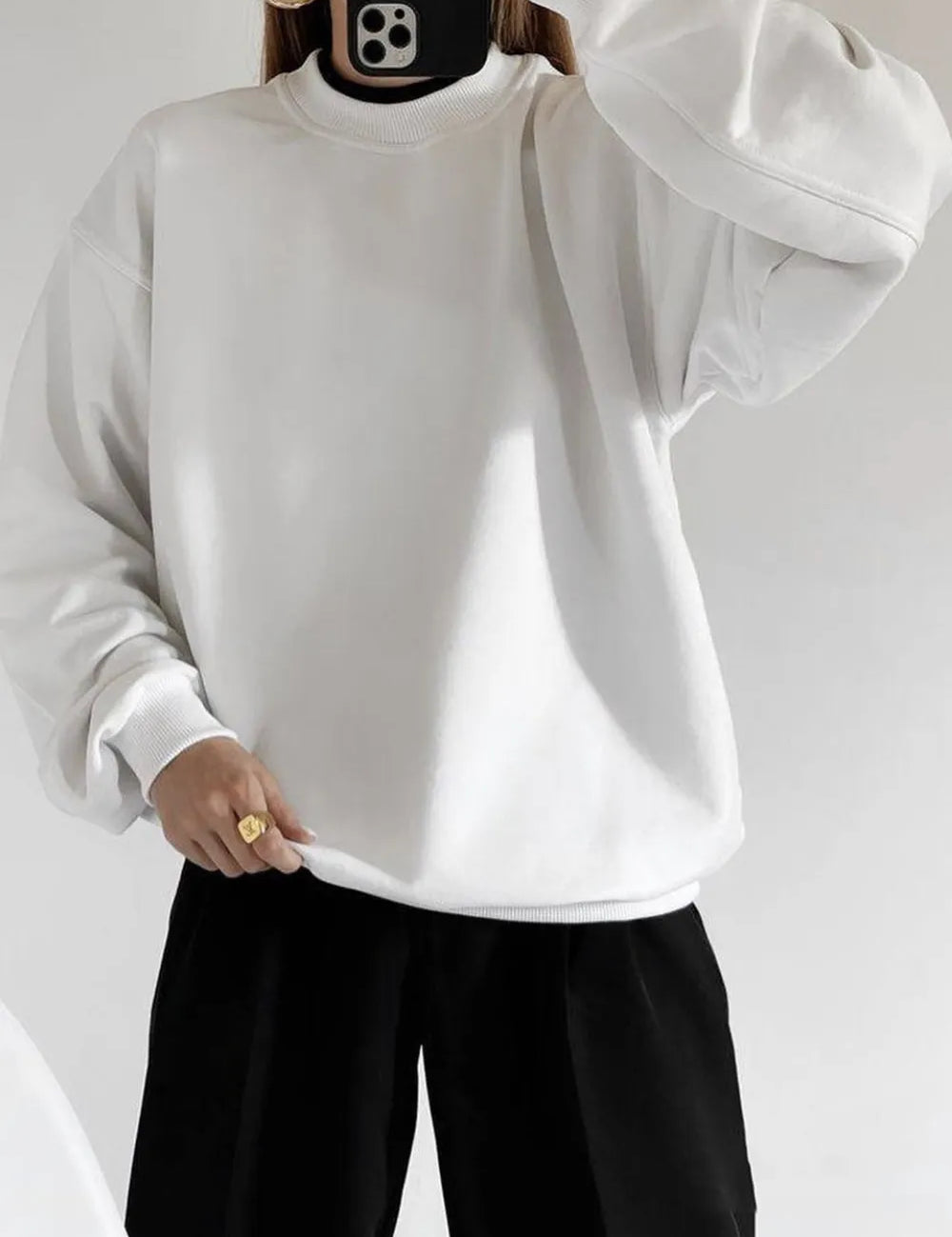 White Round Neck Dropped Shoulder Long Sleeve Sweatshirt | Sweatshirts Daverri Fashions