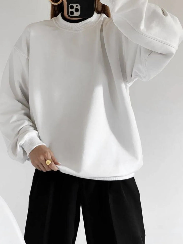White Round Neck Dropped Shoulder Long Sleeve Sweatshirt | Sweatshirts Daverri Fashions