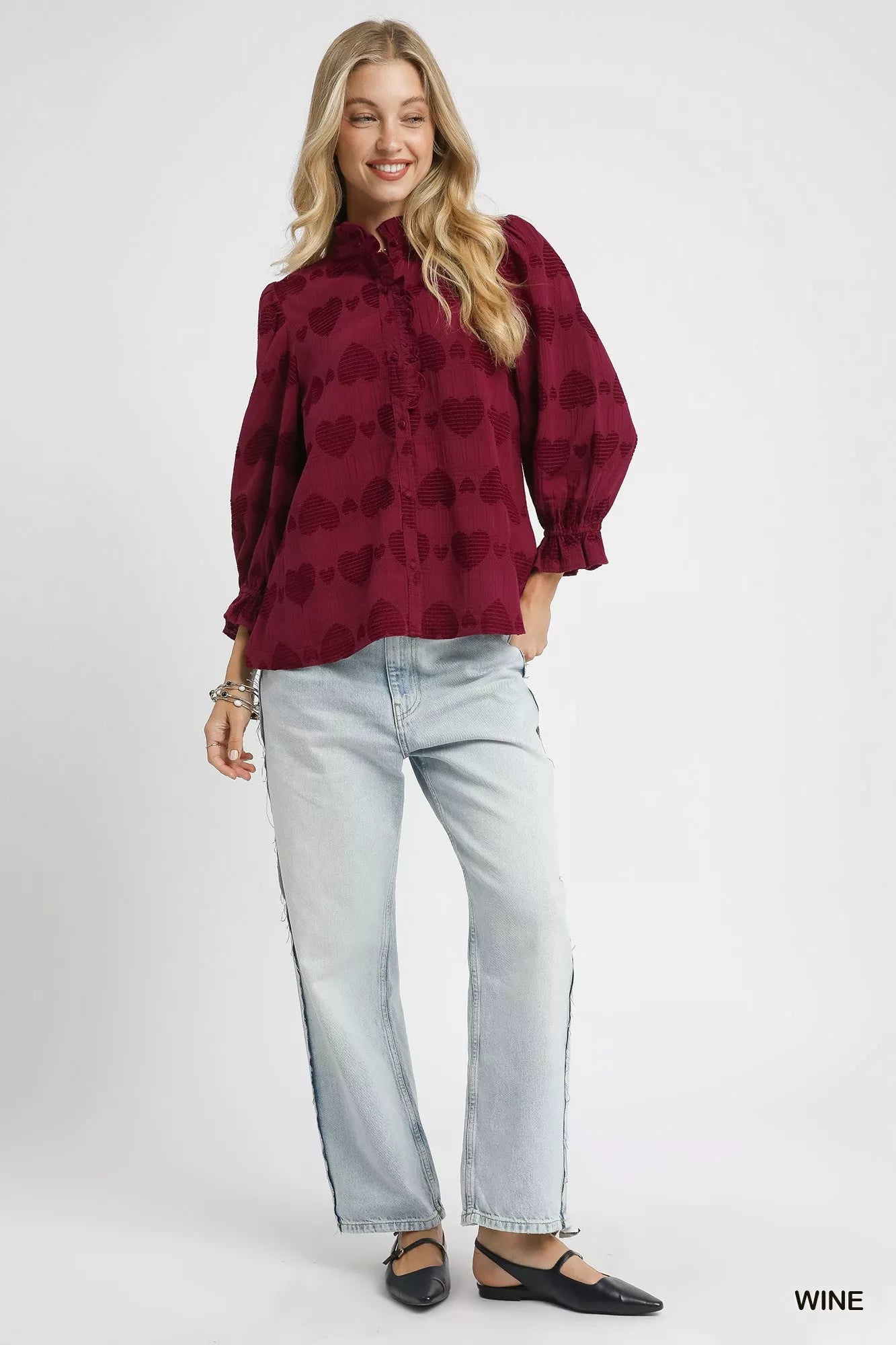 Umgee Heart Jacquard Ruffle Trim Shirt | Shirts Daverri Fashions