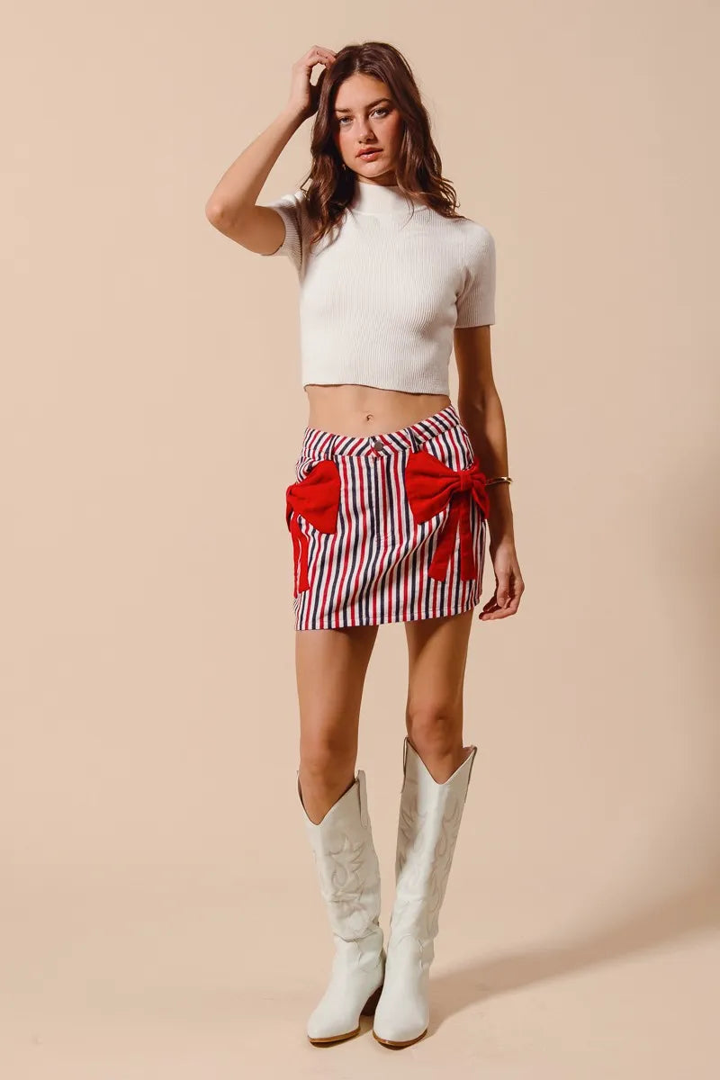 SO ME Contrast Bow Knot Pocket Fourth Of July Denim Skirt | Denim Skirts Daverri Fashions