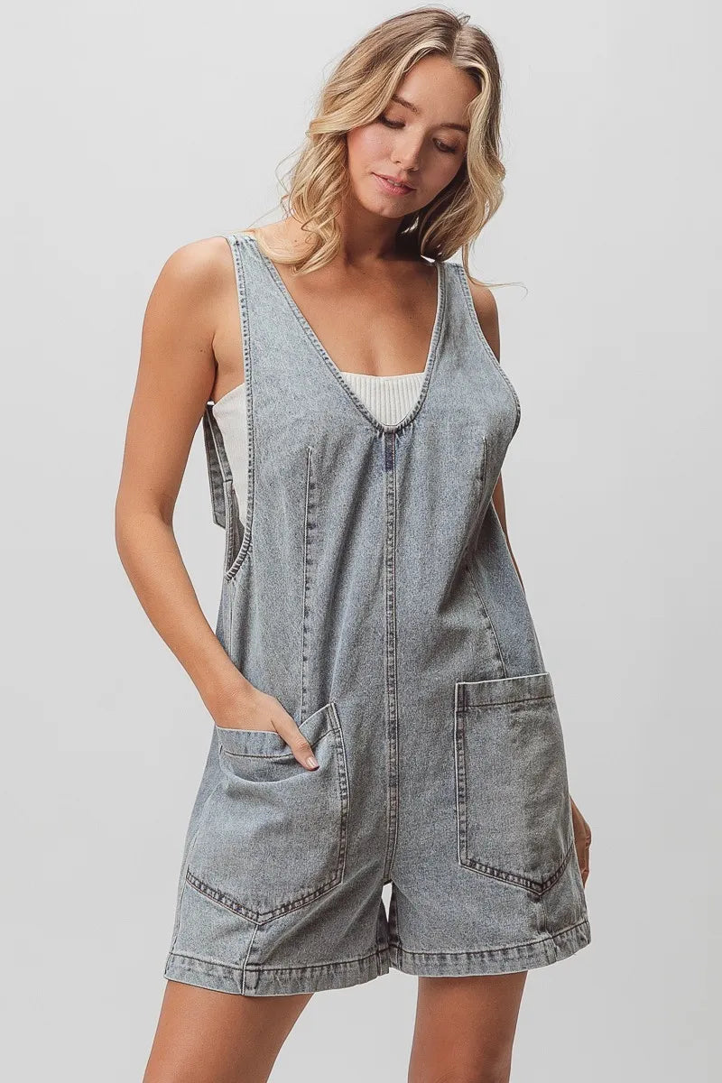 BiBi Patch vintage washed denim shortall with light-wash relaxed fit