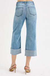 RISEN Full Size Tummy Control High Rise Ankle Wide Cuffed Jeans | Jeans Daverri Fashions