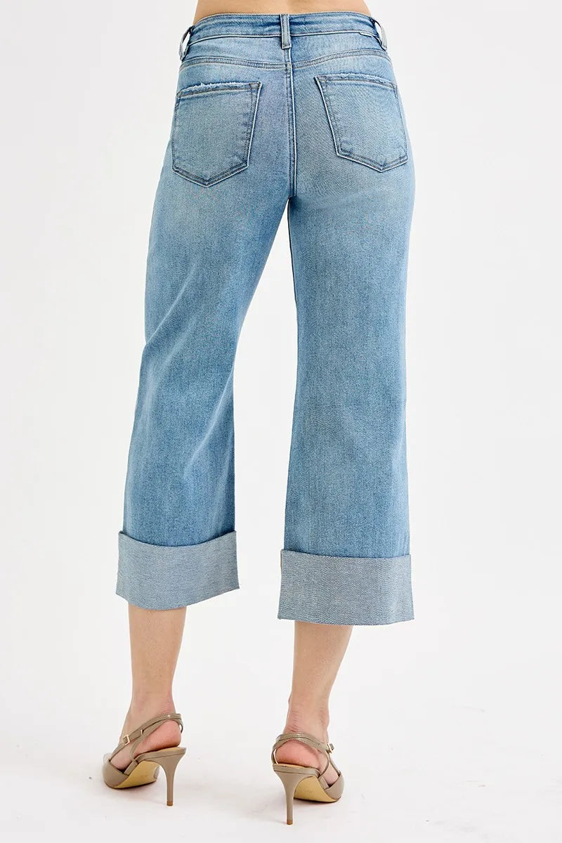 RISEN Full Size Tummy Control High Rise Ankle Wide Cuffed Jeans Jeans