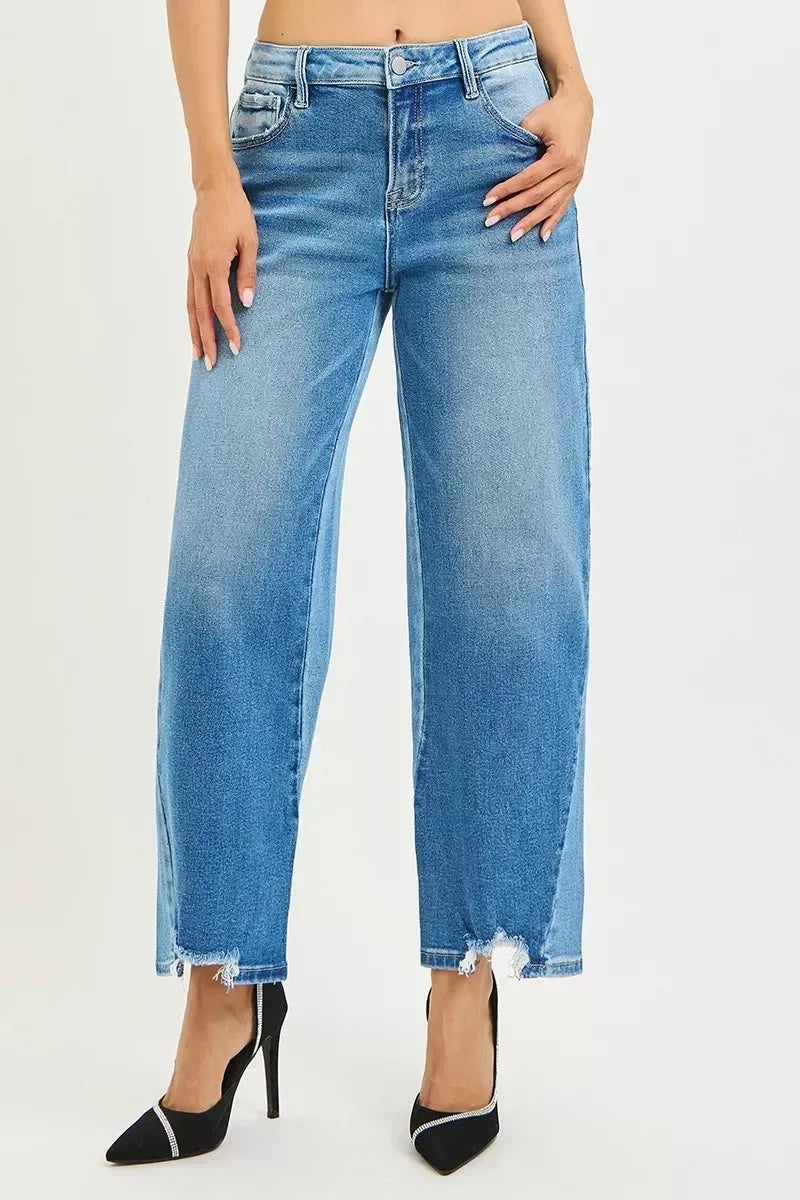 RISEN Full Size Slouchy Cropped Barrel Jeans with Contrast Wash Plus Size - DAVERRI FASHIONS