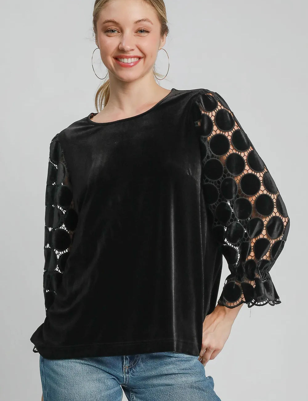 Black M Umgee Polka Dot Lace Long Sleeve Round Neck Blouse | Blouses Daverri Fashions