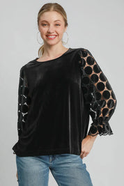 Black M Umgee Polka Dot Lace Long Sleeve Round Neck Blouse | Blouses Daverri Fashions