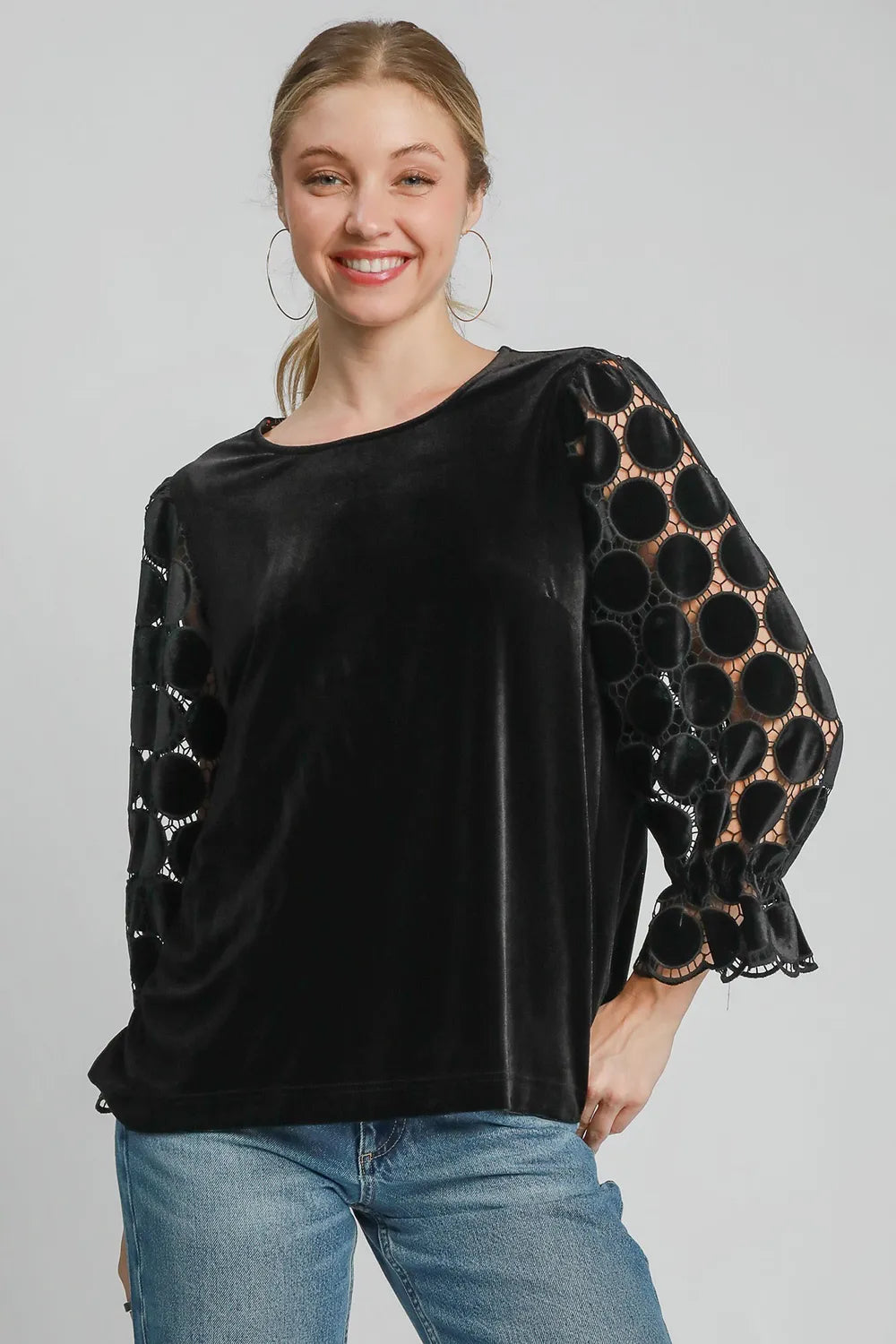 Black Umgee Polka Dot Lace Long Sleeve Round Neck Blouse | Blouses Daverri Fashions